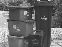 Image of bins and recycling boxes in black and white